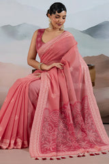 Jubilant Pink Cotton Silk Saree With Petrichor Blouse Piece