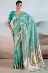 Scrupulous Sky Paithani Pure Tissue Silk Saree With Bucolic Blouse Piece