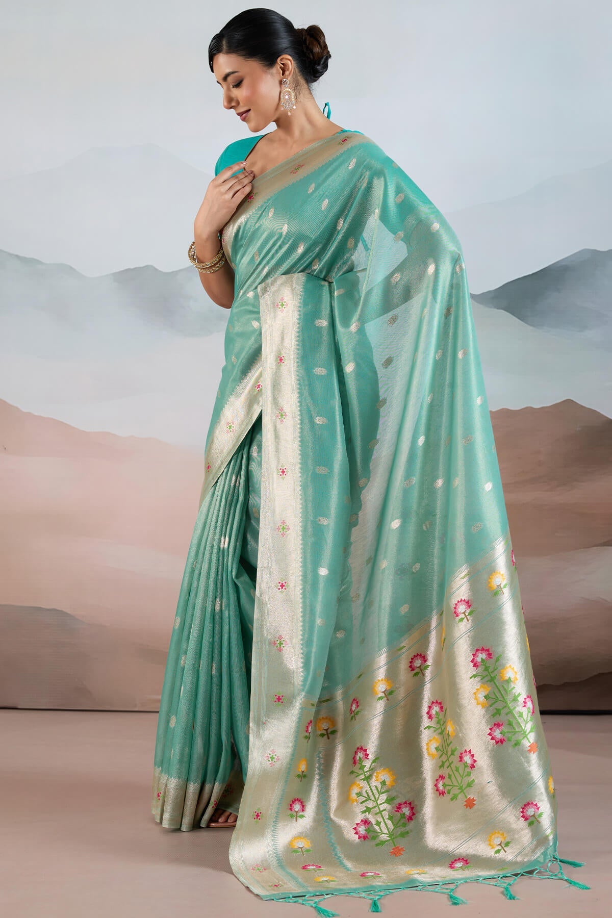 Scrupulous Sky Paithani Pure Tissue Silk Saree With Bucolic Blouse Piece