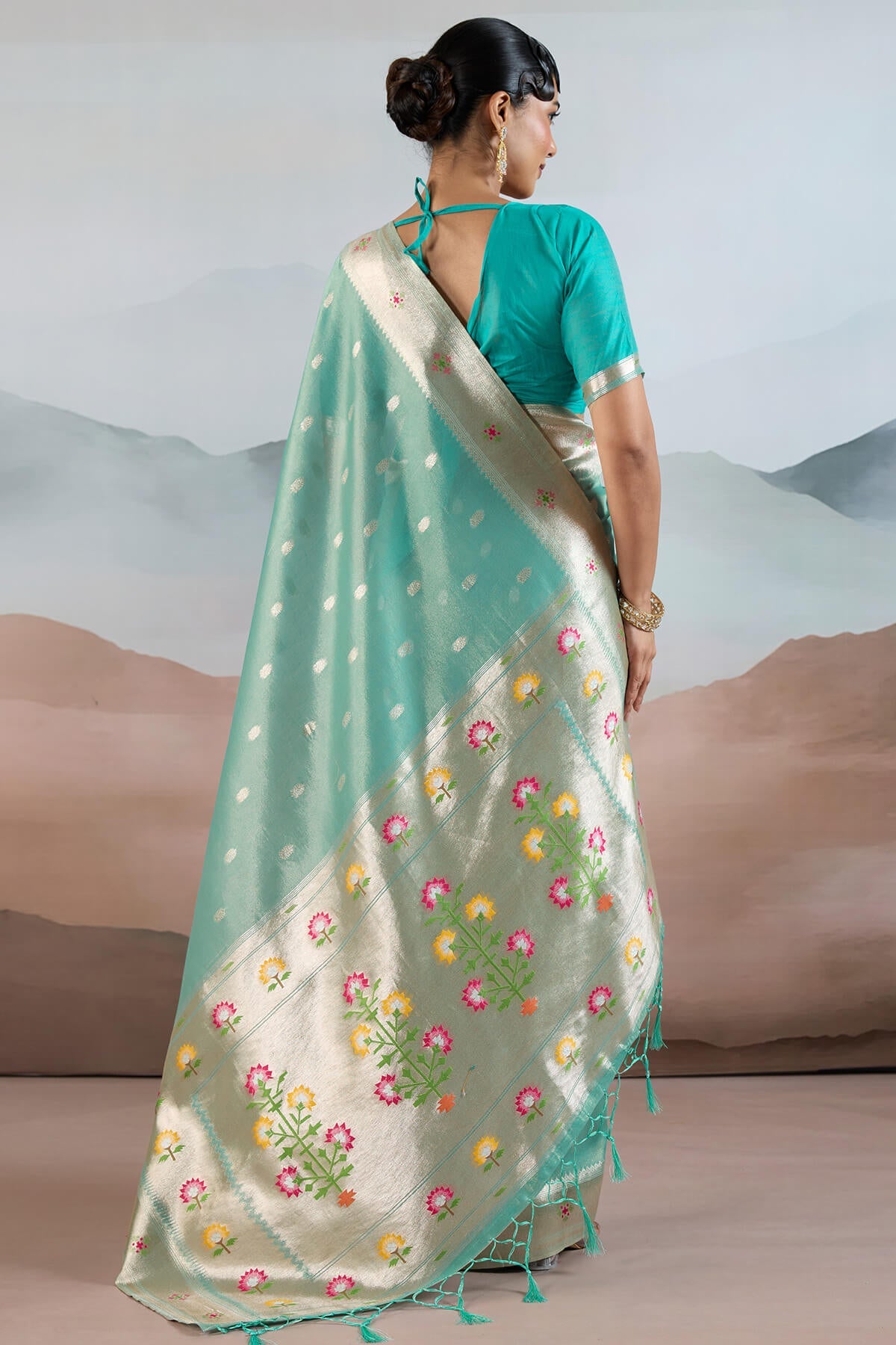 Scrupulous Sky Paithani Pure Tissue Silk Saree With Bucolic Blouse Piece