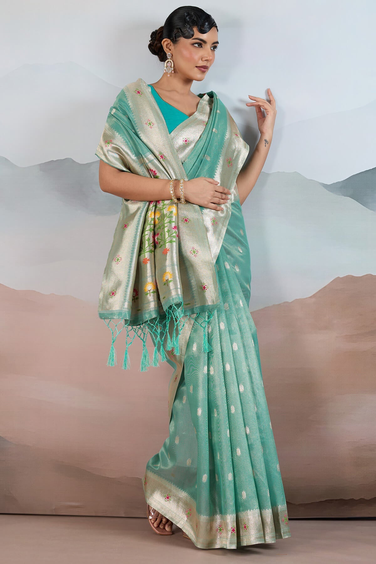 Scrupulous Sky Paithani Pure Tissue Silk Saree With Bucolic Blouse Piece
