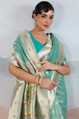 Scrupulous Sky Paithani Pure Tissue Silk Saree With Bucolic Blouse Piece