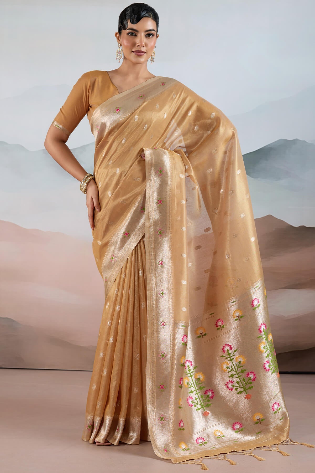 Quixotic Light Brown Paithani Pure Tissue Silk Saree With Elaborate Blouse Piece