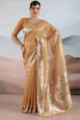Quixotic Light Brown Paithani Pure Tissue Silk Saree With Elaborate Blouse Piece