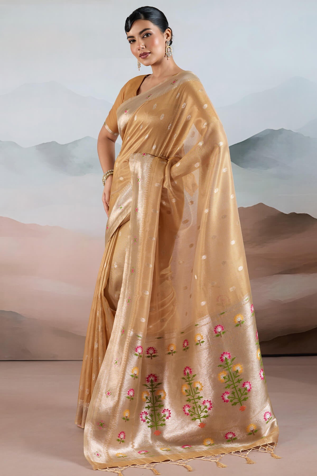 Quixotic Light Brown Paithani Pure Tissue Silk Saree With Elaborate Blouse Piece