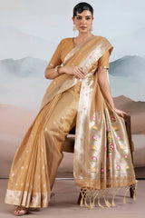 Quixotic Light Brown Paithani Pure Tissue Silk Saree With Elaborate Blouse Piece