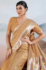 Quixotic Light Brown Paithani Pure Tissue Silk Saree With Elaborate Blouse Piece