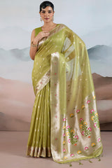 Fairytale Green Paithani Pure Tissue Silk Saree With Blissful Blouse Piece