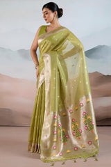 Fairytale Green Paithani Pure Tissue Silk Saree With Blissful Blouse Piece