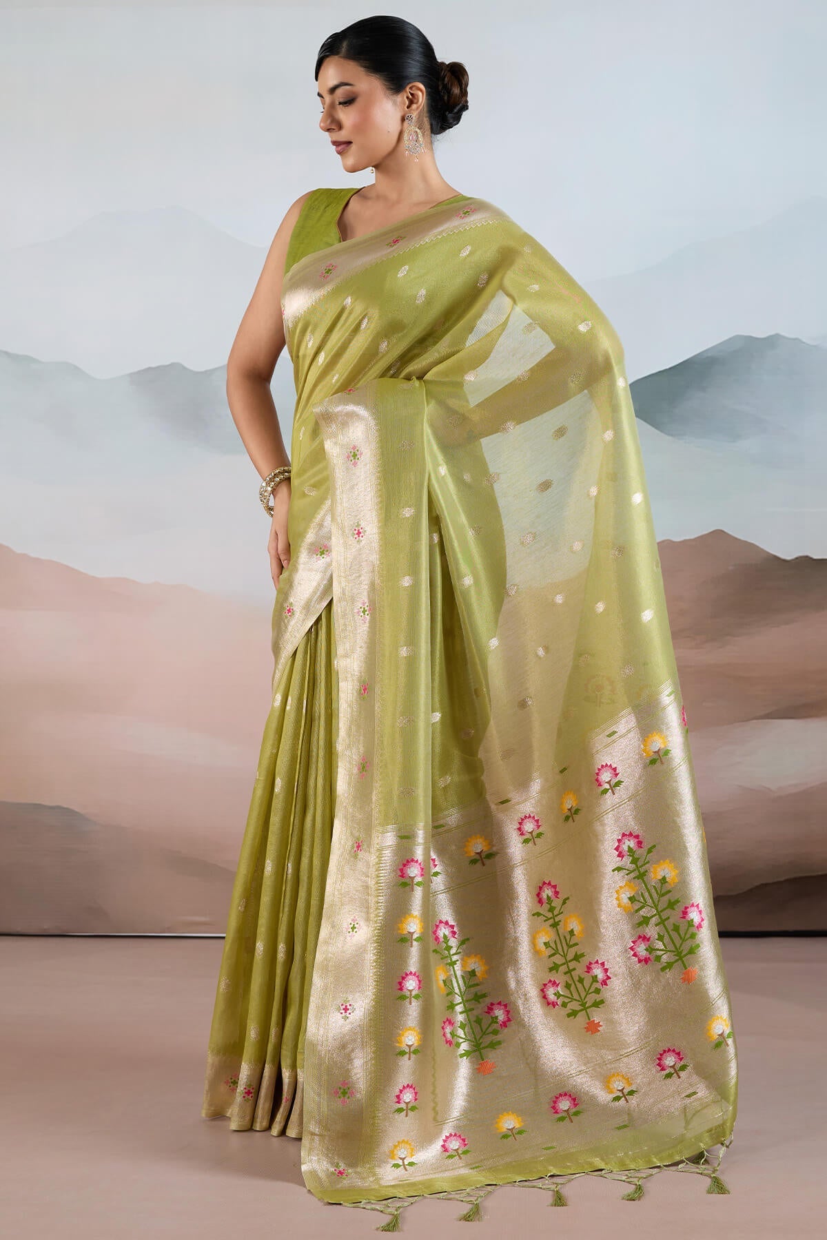 Fairytale Green Paithani Pure Tissue Silk Saree With Blissful Blouse Piece