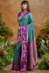 Resonant Rama Soft Banarasi Silk Saree With Opulent Blouse Piece