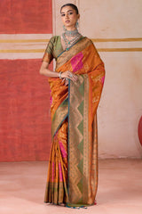 Ideal Orange Pure Zari Weaving Banarasi Silk Saree With Ravishing Blouse Piece