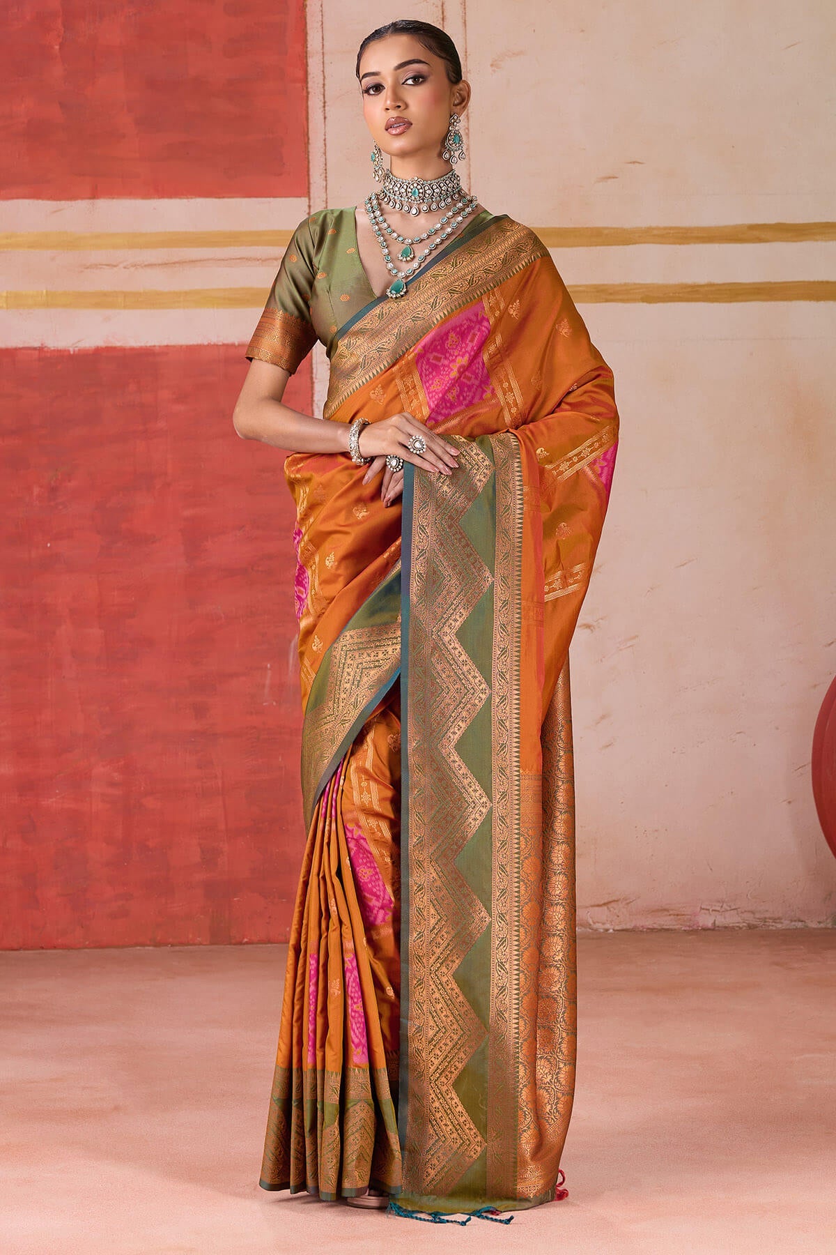 Ideal Orange Pure Zari Weaving Banarasi Silk Saree With Ravishing Blouse Piece