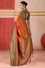 Ideal Orange Pure Zari Weaving Banarasi Silk Saree With Ravishing Blouse Piece