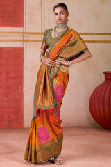 Ideal Orange Pure Zari Weaving Banarasi Silk Saree With Ravishing Blouse Piece