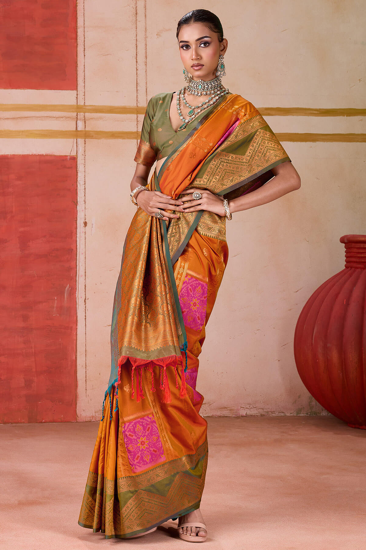 Ideal Orange Pure Zari Weaving Banarasi Silk Saree With Ravishing Blouse Piece