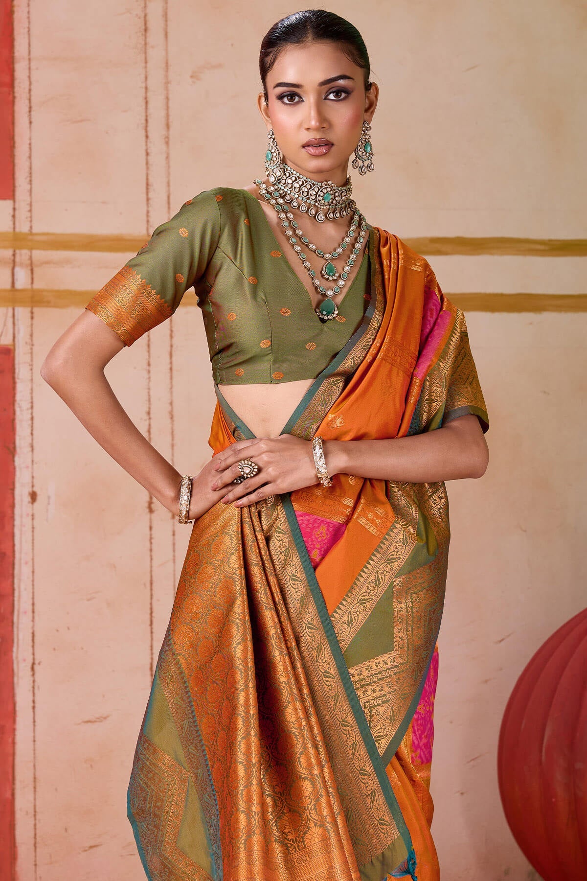 Ideal Orange Pure Zari Weaving Banarasi Silk Saree With Ravishing Blouse Piece