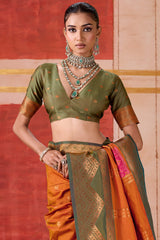 Ideal Orange Pure Zari Weaving Banarasi Silk Saree With Ravishing Blouse Piece