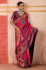 Sonorous Dark Pink Pure Zari Weaving Banarasi Silk Saree With Ephemeral Blouse Piece