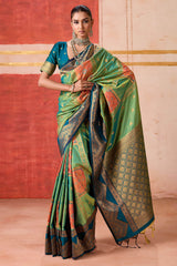 Flameboyant Green Pure Zari Weaving Banarasi Silk Saree With Nemesis Blouse Piece