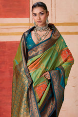 Flameboyant Green Pure Zari Weaving Banarasi Silk Saree With Nemesis Blouse Piece