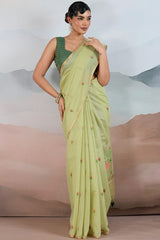 Zephyr Pista Spun Cotton Silk Saree With Invaluable Blouse Piece