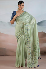 Designer Pista Soft Banarasi Tissue Silk Saree With Exquisite Blouse Piece