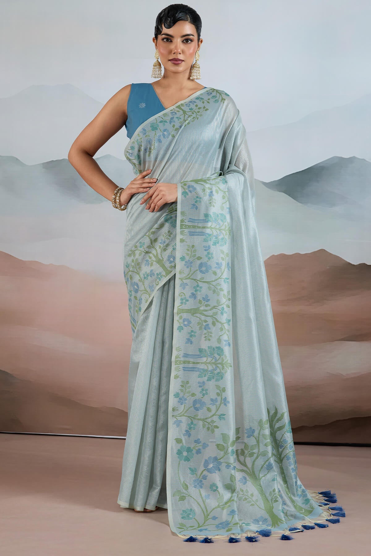 Adorable Sky Soft Banarasi Tissue Silk Saree With Amiable Blouse Piece
