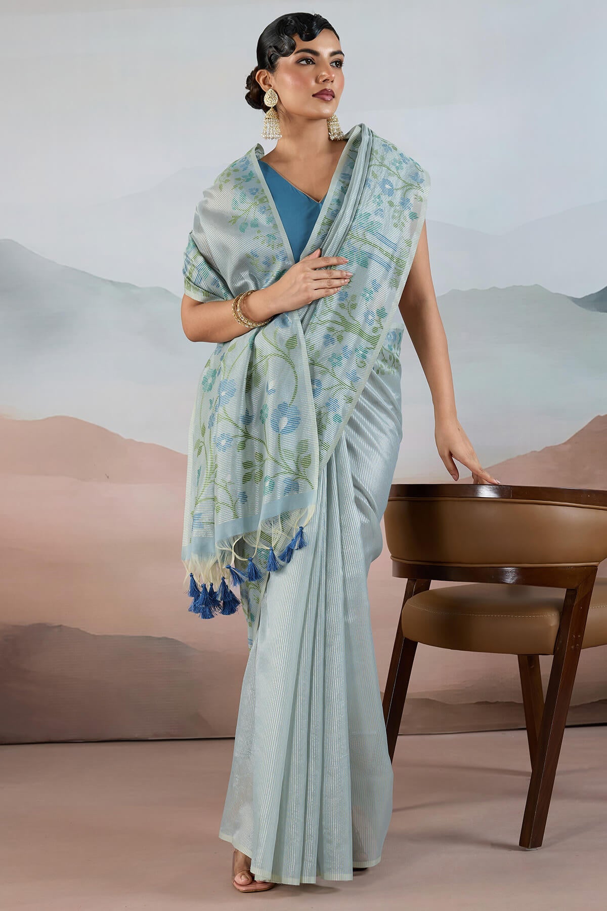 Adorable Sky Soft Banarasi Tissue Silk Saree With Amiable Blouse Piece