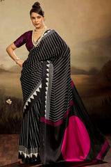 Glowing Black Ajrakh Printed Semi Modal Silk Saree With Breathtaking Blouse Piece