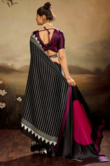 Glowing Black Ajrakh Printed Semi Modal Silk Saree With Breathtaking Blouse Piece