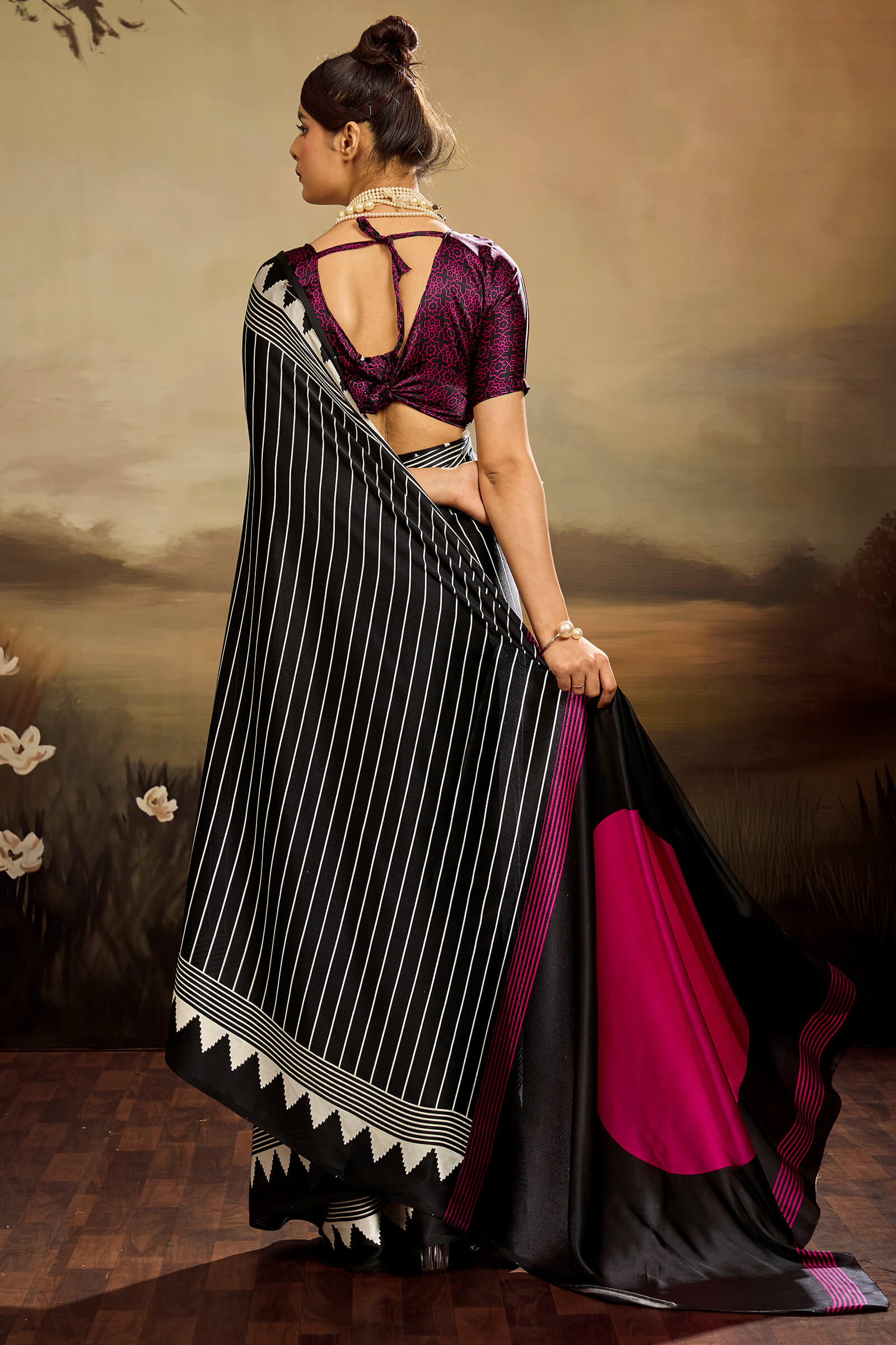 Glowing Black Ajrakh Printed Semi Modal Silk Saree With Breathtaking Blouse Piece