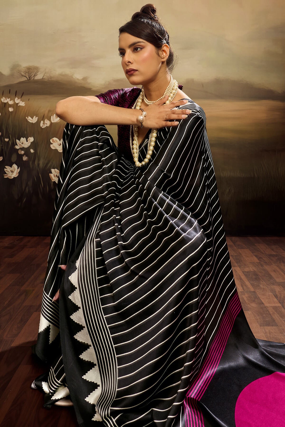 Glowing Black Ajrakh Printed Semi Modal Silk Saree With Breathtaking Blouse Piece