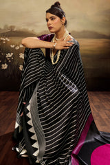 Glowing Black Ajrakh Printed Semi Modal Silk Saree With Breathtaking Blouse Piece