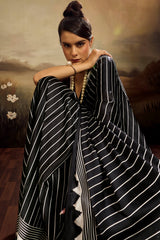 Glowing Black Ajrakh Printed Semi Modal Silk Saree With Breathtaking Blouse Piece