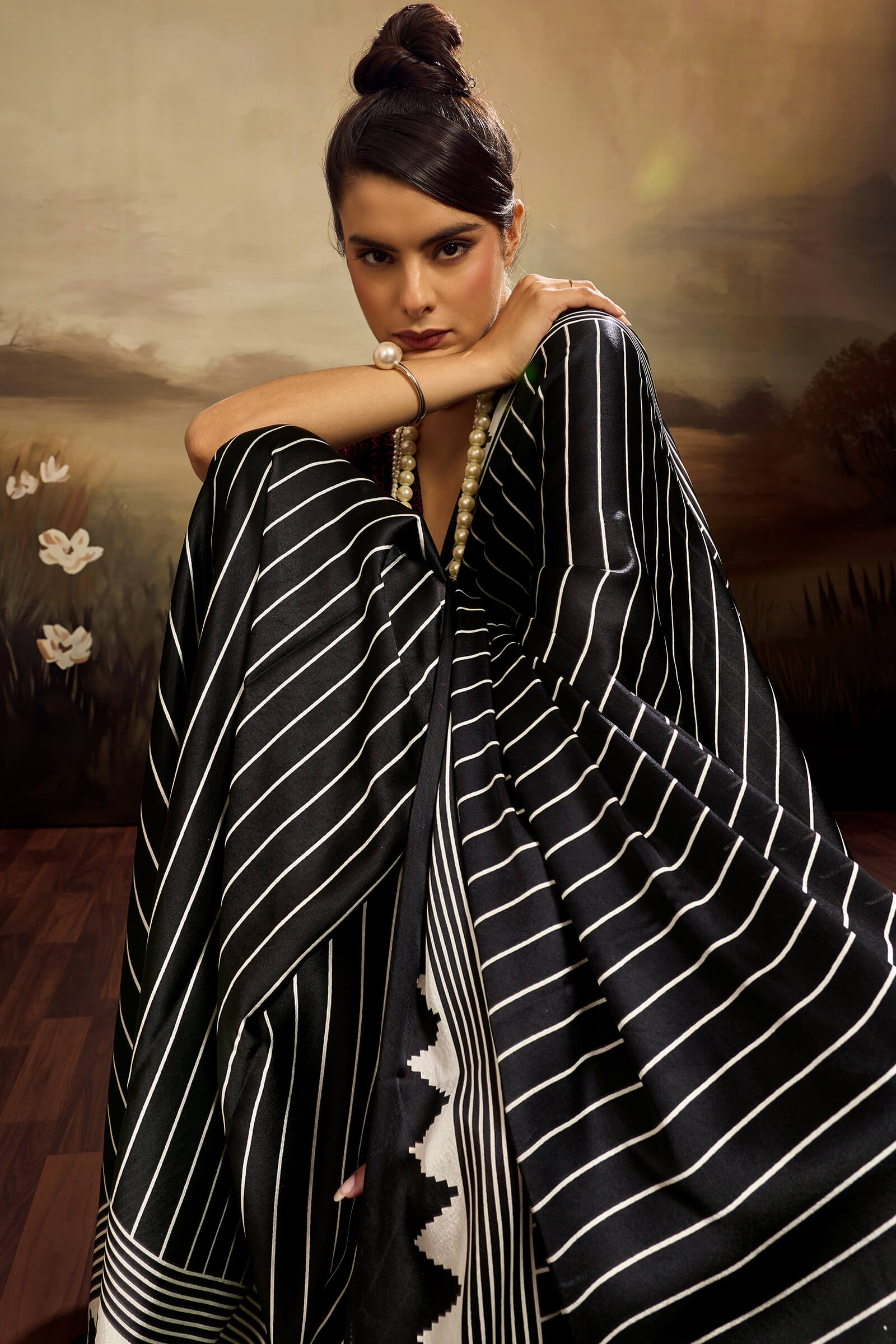 Glowing Black Ajrakh Printed Semi Modal Silk Saree With Breathtaking Blouse Piece