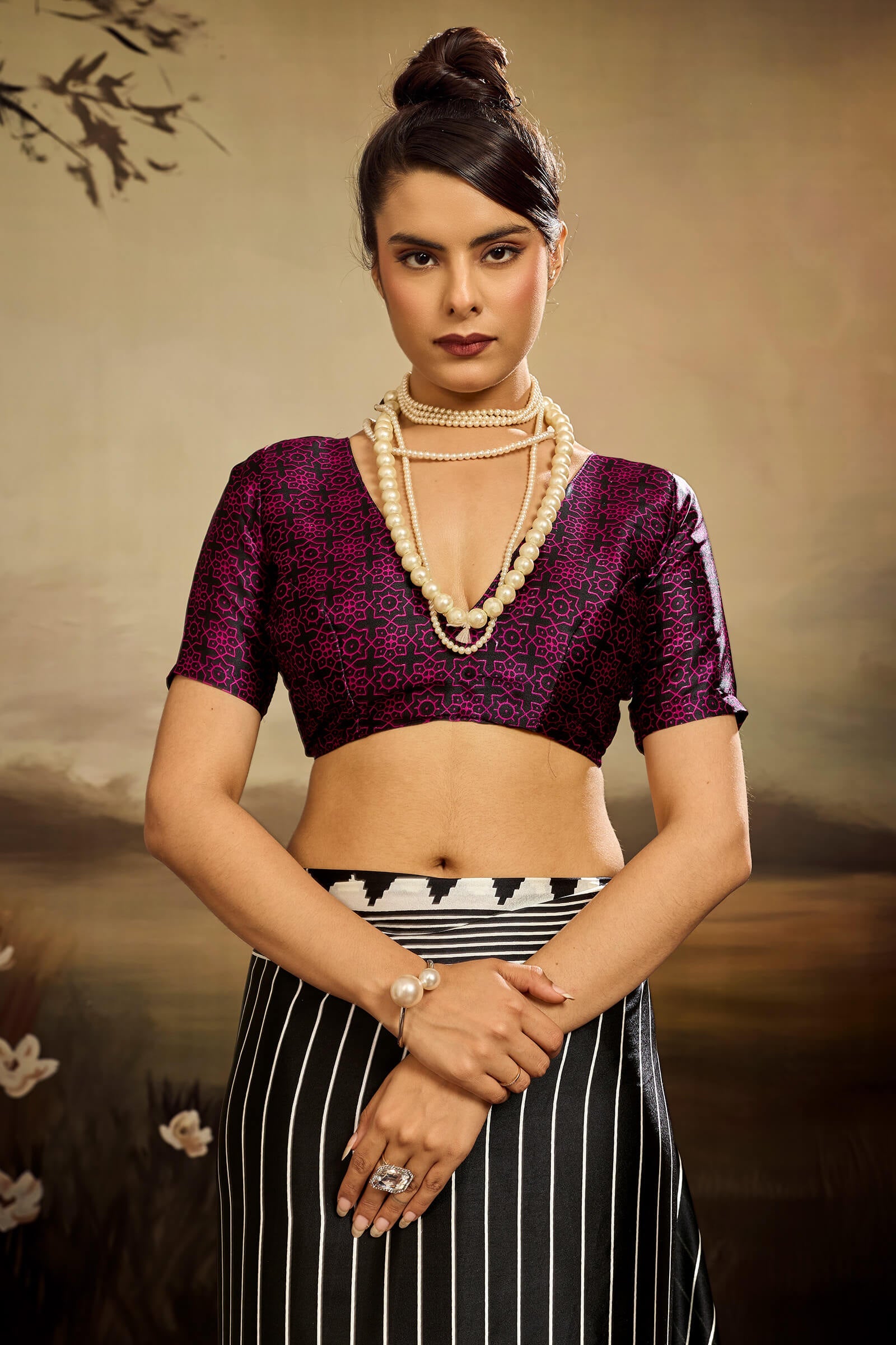 Glowing Black Ajrakh Printed Semi Modal Silk Saree With Breathtaking Blouse Piece