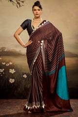 Eloquence Brown Ajrakh Printed Semi Modal Silk Saree With Mesmerising Blouse Piece