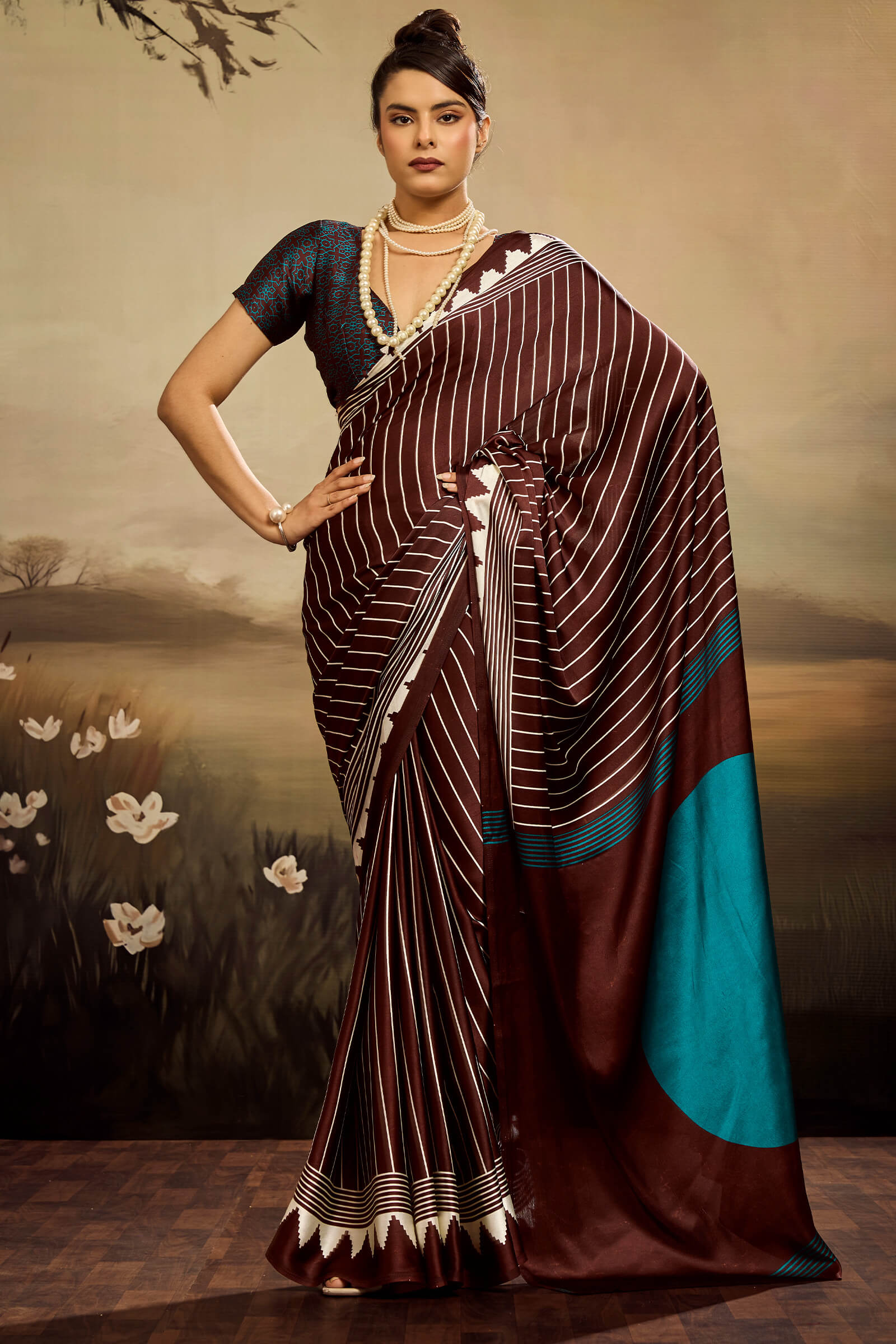 Eloquence Brown Ajrakh Printed Semi Modal Silk Saree With Mesmerising Blouse Piece