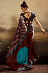 Eloquence Brown Ajrakh Printed Semi Modal Silk Saree With Mesmerising Blouse Piece