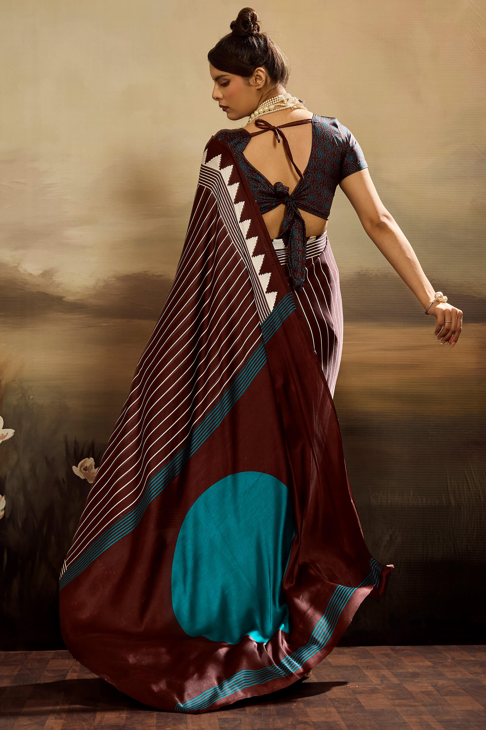 Eloquence Brown Ajrakh Printed Semi Modal Silk Saree With Mesmerising Blouse Piece