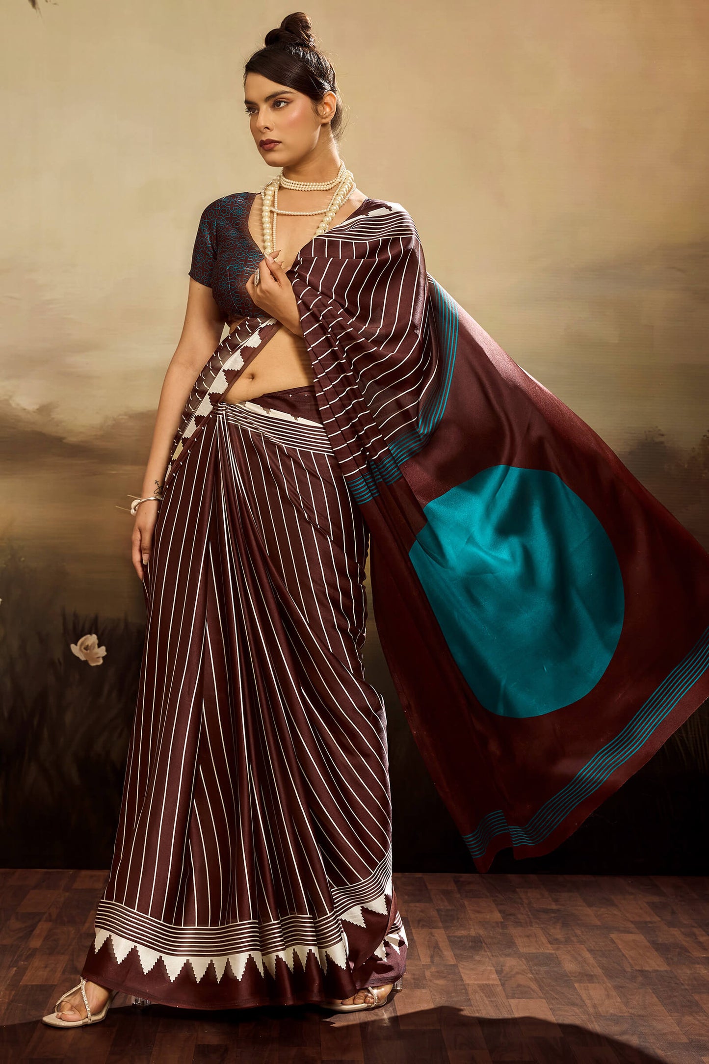 Eloquence Brown Ajrakh Printed Semi Modal Silk Saree With Mesmerising Blouse Piece