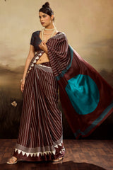 Eloquence Brown Ajrakh Printed Semi Modal Silk Saree With Mesmerising Blouse Piece