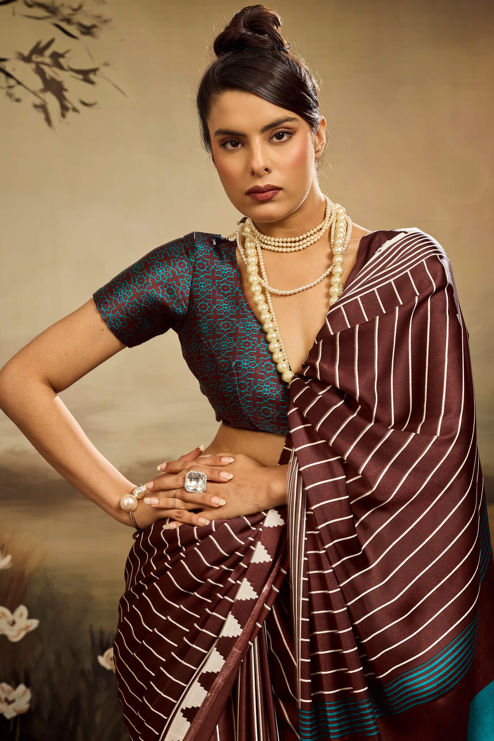Eloquence Brown Ajrakh Printed Semi Modal Silk Saree With Mesmerising Blouse Piece