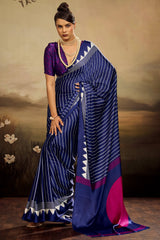 Allure Navy Blue Ajrakh Printed Semi Modal Silk Saree With Intricate Blouse Piece