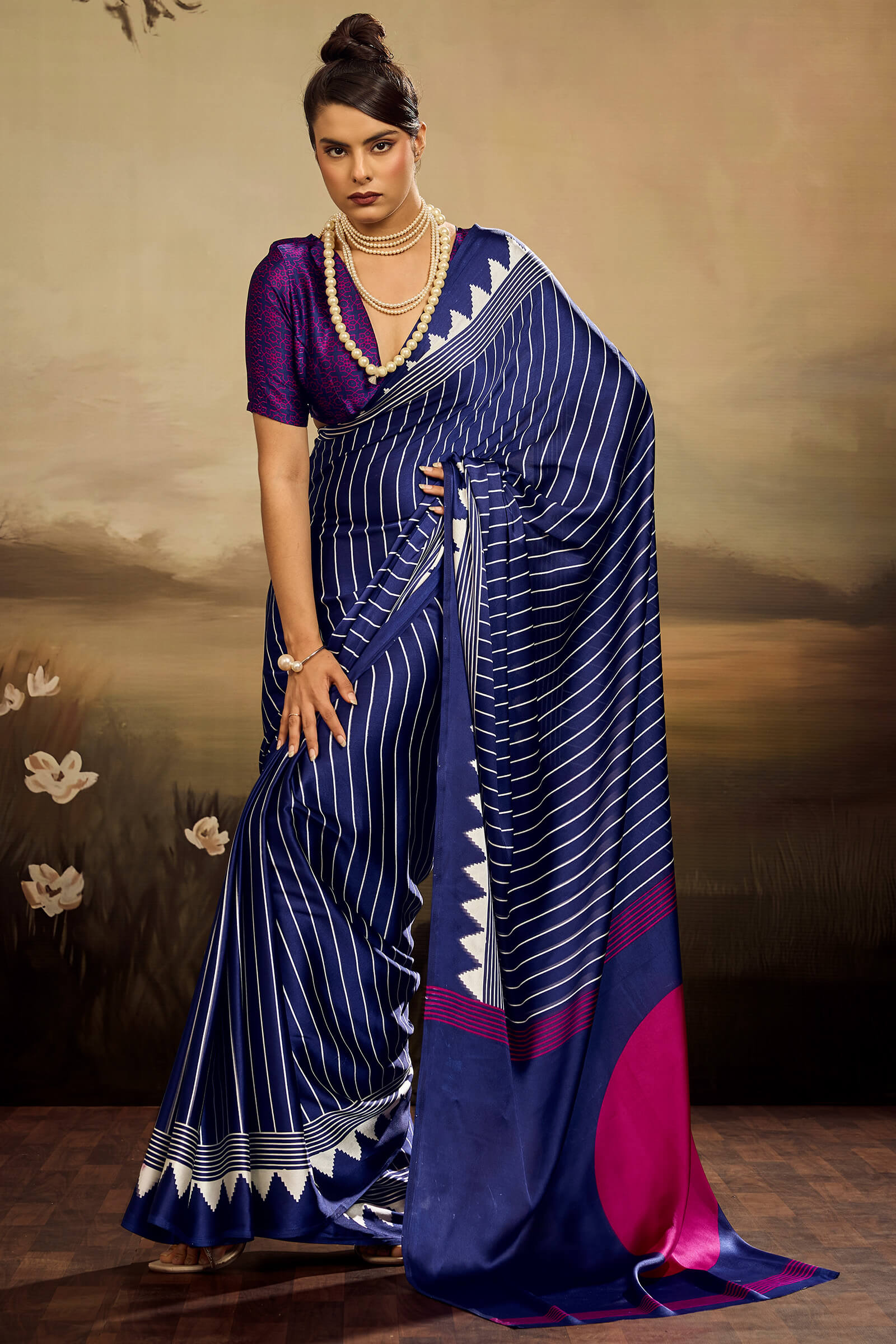 Allure Navy Blue Ajrakh Printed Semi Modal Silk Saree With Intricate Blouse Piece