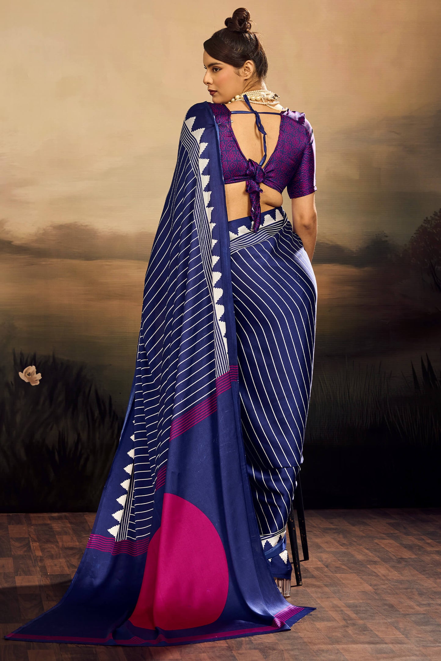 Allure Navy Blue Ajrakh Printed Semi Modal Silk Saree With Intricate Blouse Piece