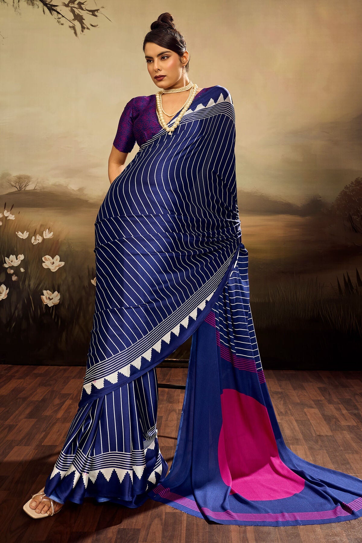 Allure Navy Blue Ajrakh Printed Semi Modal Silk Saree With Intricate Blouse Piece