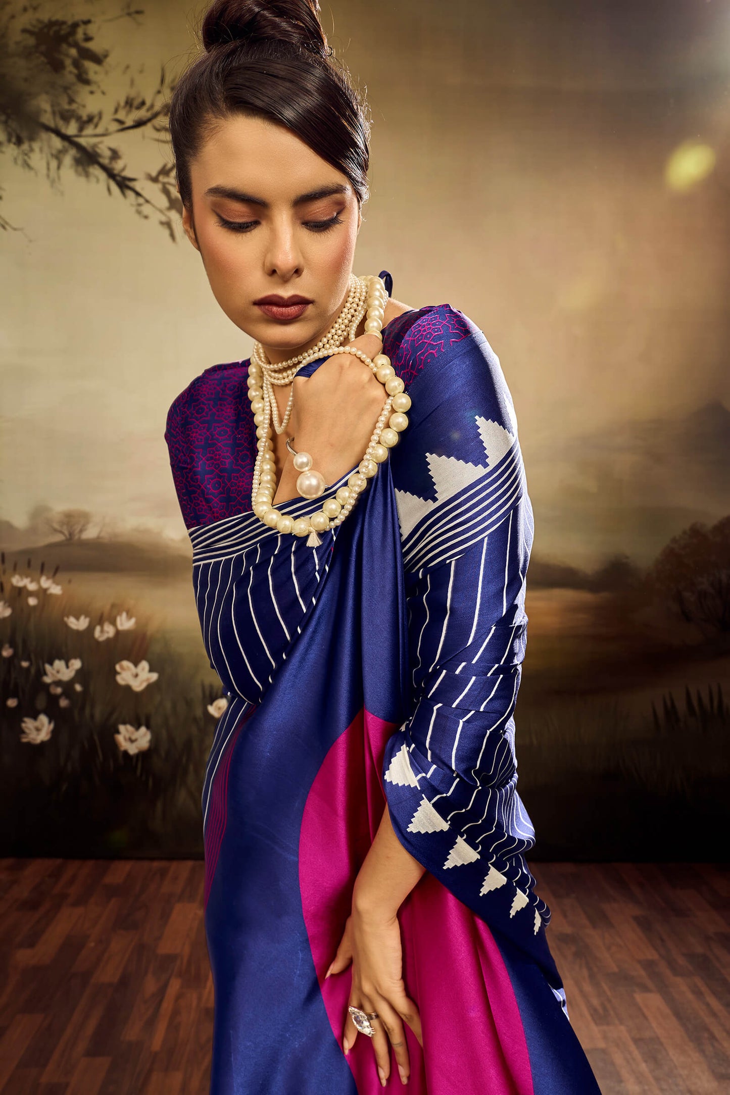 Allure Navy Blue Ajrakh Printed Semi Modal Silk Saree With Intricate Blouse Piece