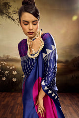 Allure Navy Blue Ajrakh Printed Semi Modal Silk Saree With Intricate Blouse Piece
